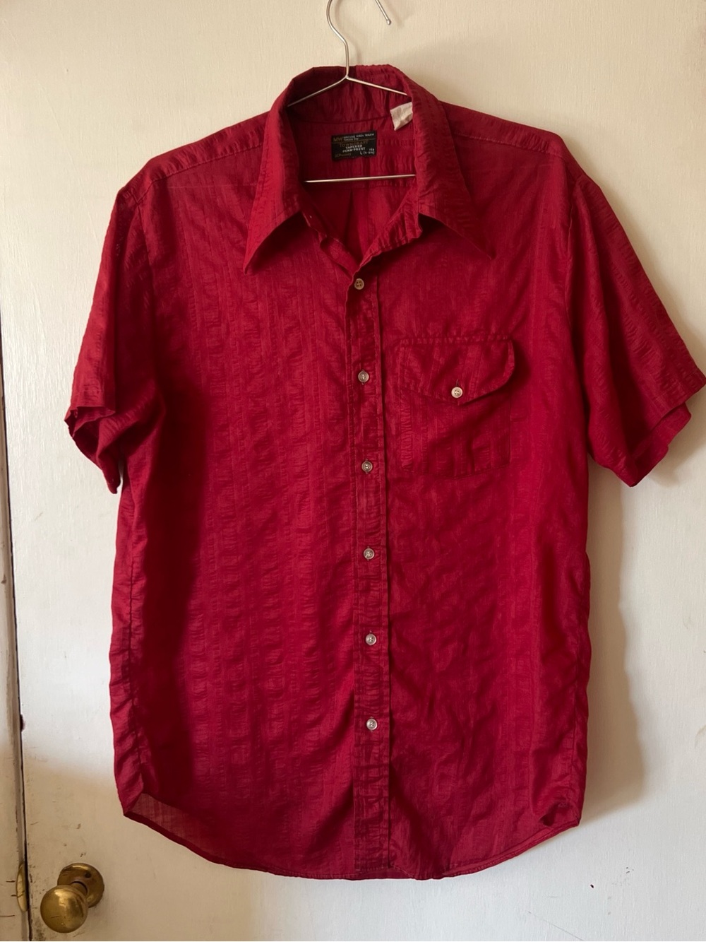 Vtg JCPenney Men's Red Tapered Penn-Prest Button-Up Shirt Men's Large